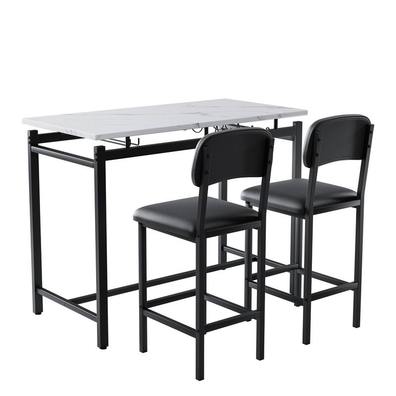 Kitchen Dining Table Chair Set, 3 Piece Counter Height Table Set with Storage Shelves and 2 Upholstered Chairs