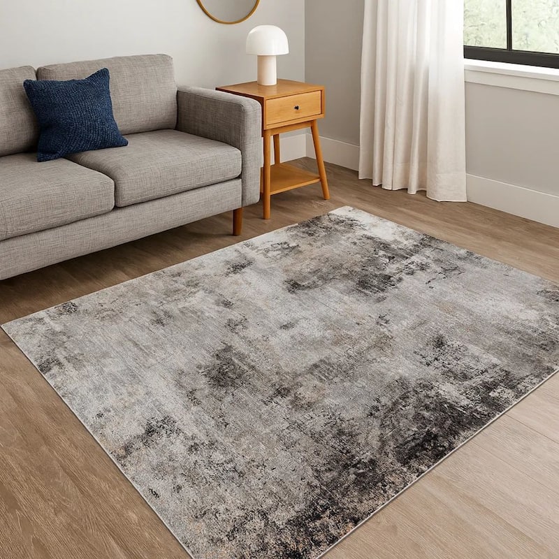 Ley 5 x 7 Area Rug, Abstract Pattern, Polyester, Jute, Black Gray White - 5 x 7