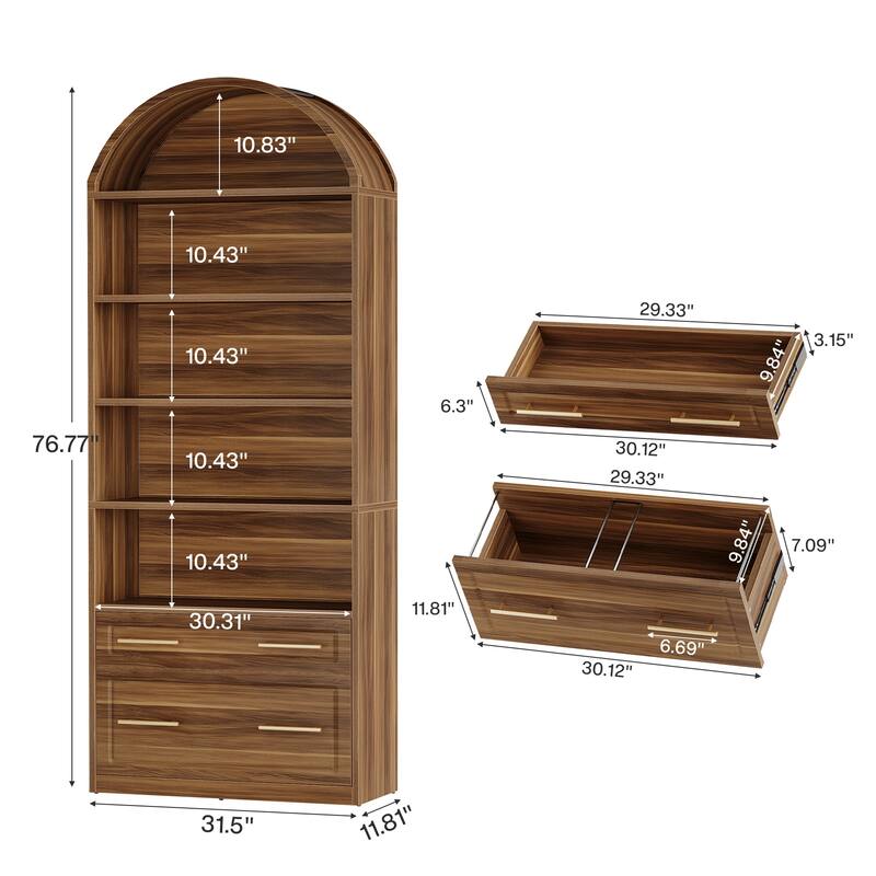 76.8" Tall Arched Bookcase, 5-Tier Modern Bookshelf with File Cabinet Drawer
