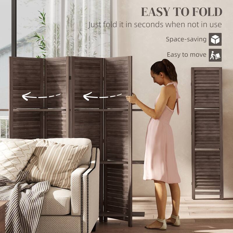 HOMCOM 4 Panel 67" Tall Wood Room Divider, Privacy Screen with 3 Display Shelves, and Folding Storage for Bedroom or Home Office