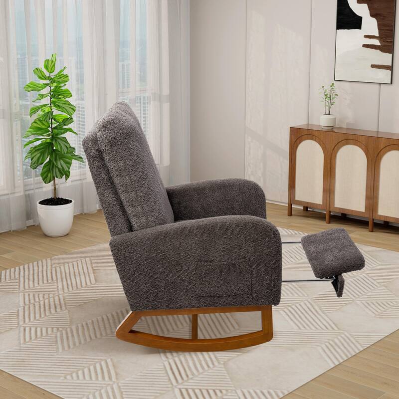 Nursery Rocking Chair, High Back Glider with Retractable Footrest, Side Pocket, Rubberwood Legs for Living Room, Bedroom