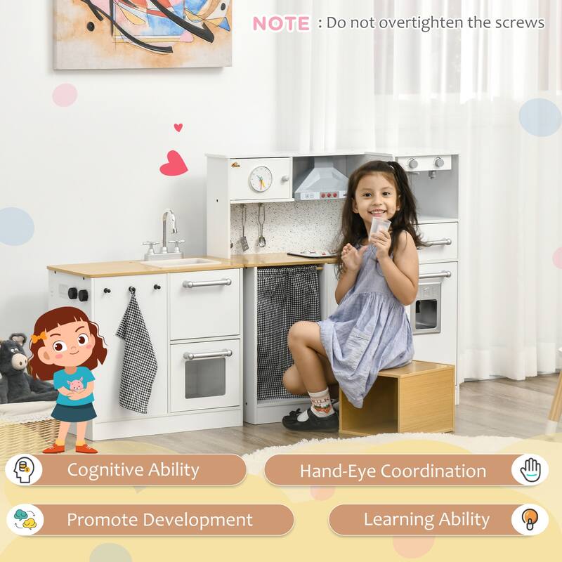 Qaba Kids Wooden Kitchen Playset with Sound Effects and Tons of Countertop Space, Wooden Corner Play Kitchen Set