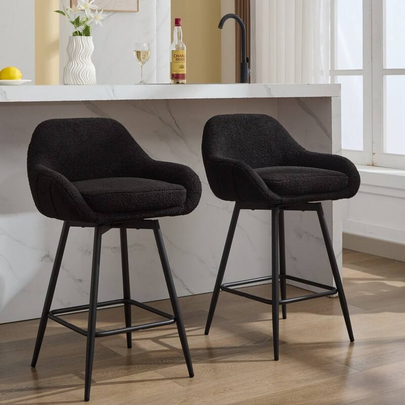 26" Counter Height Swivel Bar Stools, Upholstered Sherpa Barstools with Back for Kitchen Island