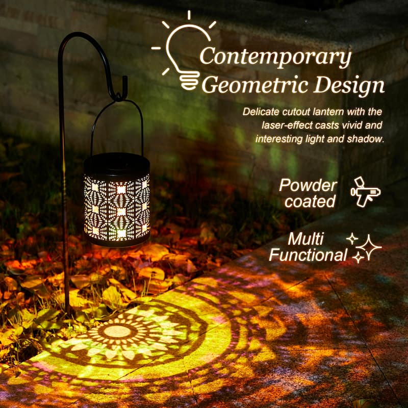 Glitzhome Set of 2 Metal Cutout Laser Outdoor Solar Lantern with Hanging LED Light Garden Stakes