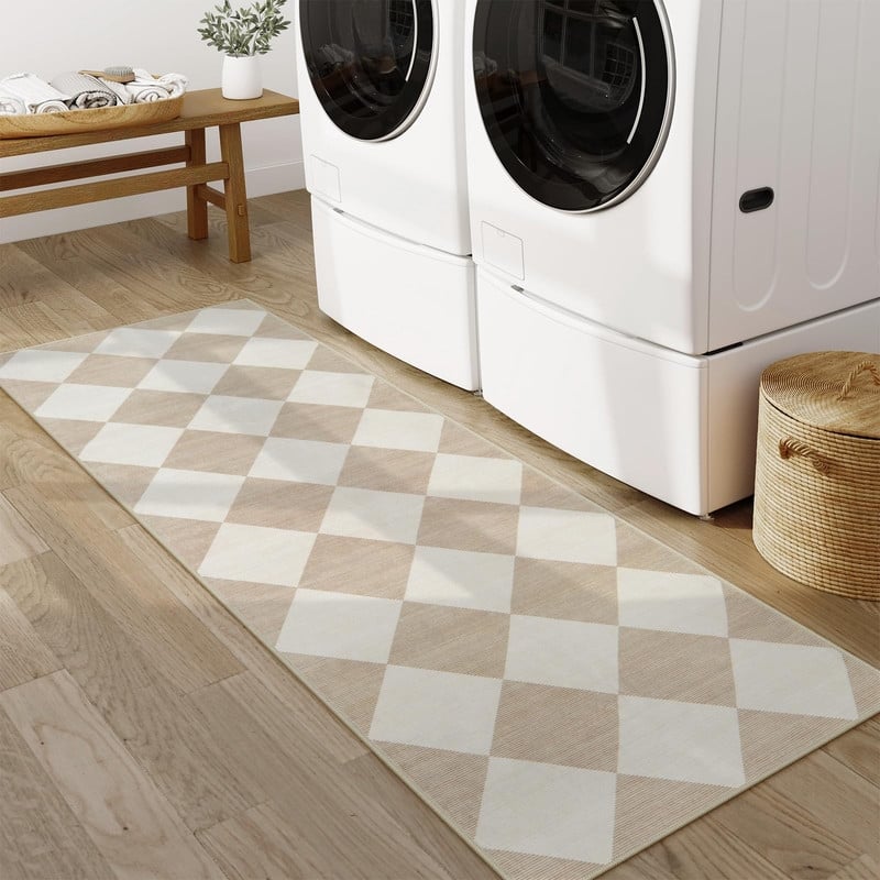 Checkered Long Hallway Runner Rug Non Slip, Beige