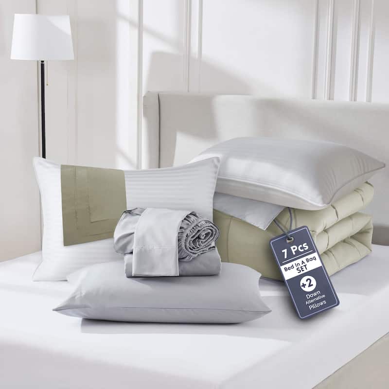 Emperyan Reversible Comforter Set Bed in a Bag with Down Alternative Pillow - Twin - Light Sage/Twin