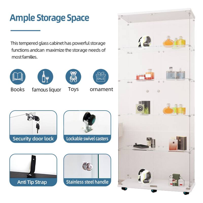 Tempered glass display cabinet, file cabinet, with Bluetooth LED light strip, lock on the door,equipped with cast, easy to move