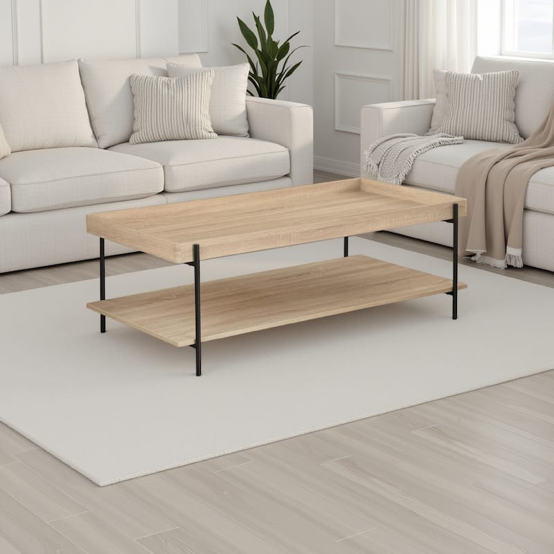 Allen Coffee Table, Tray Top, Shelf 47 Inch Brown Wood, Black Metal
