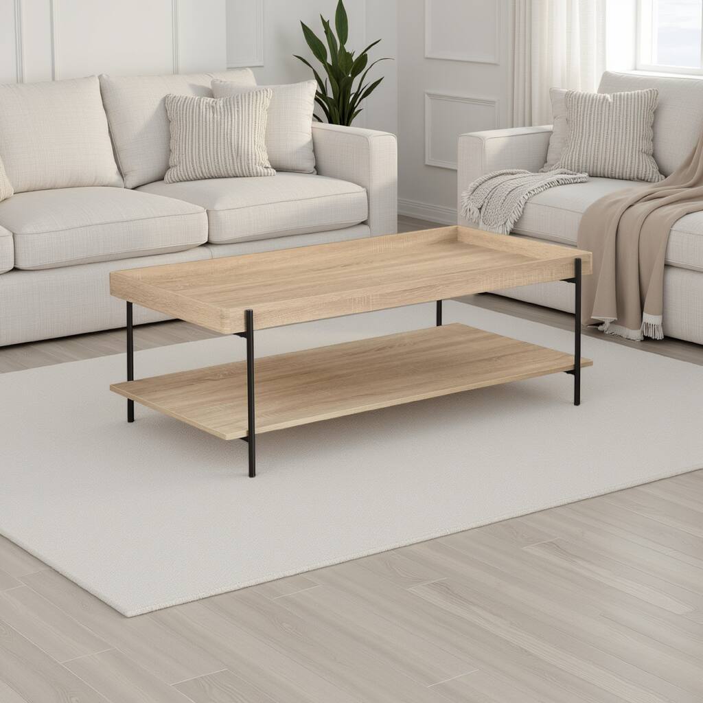 Allen Coffee Table, Tray Top, Shelf 47 Inch Brown Wood, Black Metal