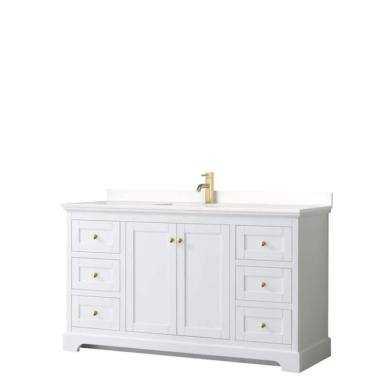 Avery 60-inch Single Vanity, Quartz Top - White, Gold Trim, White Quartz Top
