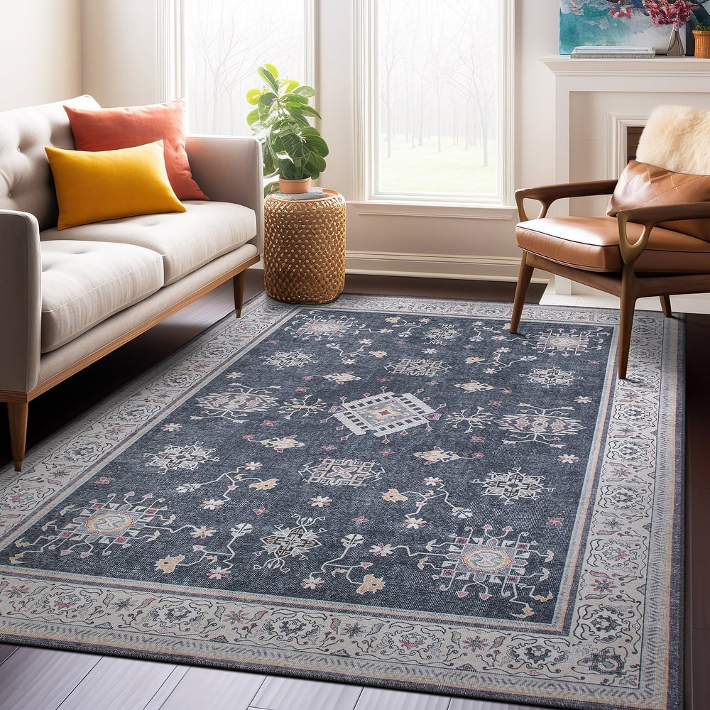 Transitional Bordered Machine Washable Area Rug