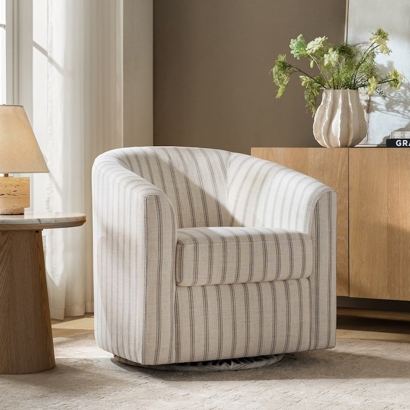 Cuenca Modern Living Room Wooden Upholstered 360° Swivel Barrel Chair with Metal Base and Wide Backrest - Strip