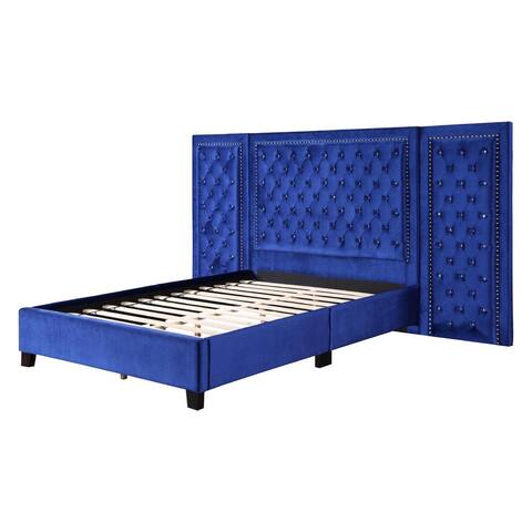 Cleo Queen Bed, Velvet, XL 3 Panel Tall Headboard, Crystal Tufted, Blue