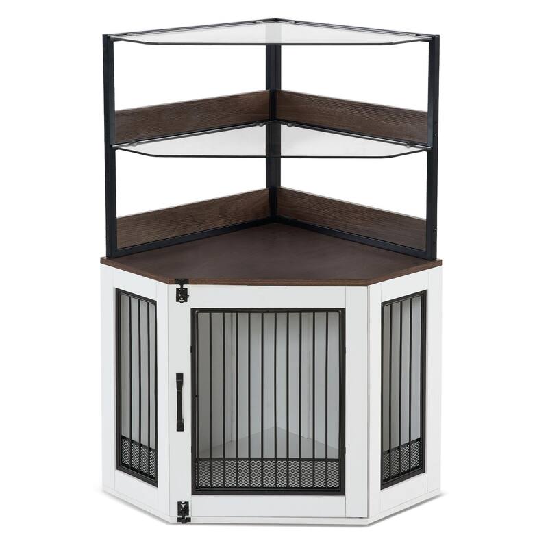 MCombo Corner Dog Crate Furniture with Glass Shelves, Wooden Dog Kennel Furniture with Door, Pet Crate Indoor Use, CN28 - Small