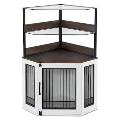 MCombo Corner Dog Crate Furniture with Glass Shelves, Wooden Dog Kennel Furniture with Door, Pet Crate Indoor Use, CN28 - Small
