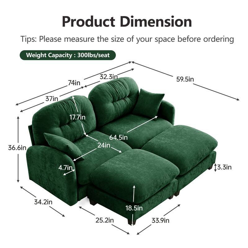 2 Seat Chenille Sofa Round Arms Sectional Sofa, Modern 74" Tufted Back Couch with Ottoman for Lving Room, Small Space
