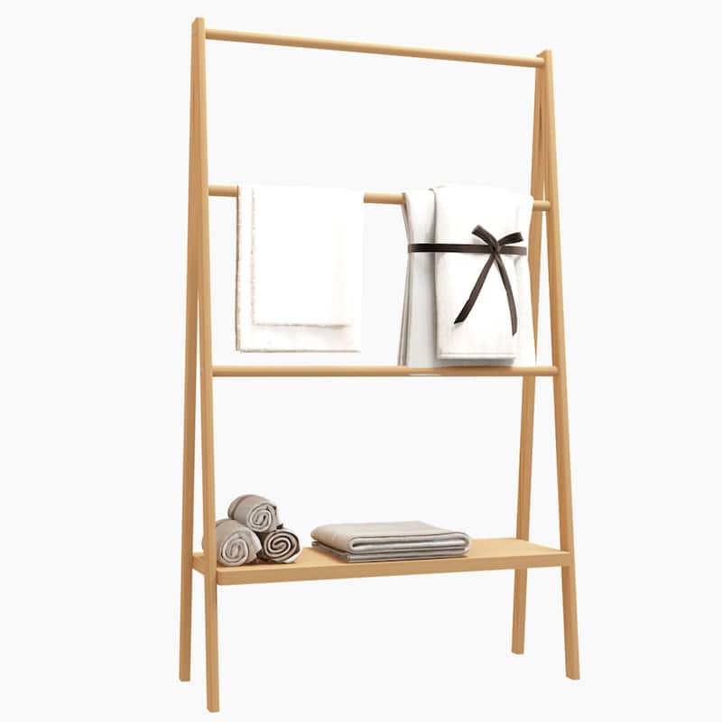 52" Tall Freestanding Bamboo Wood Ladder Towel Rack with Storage Shelf and 3 Shelves