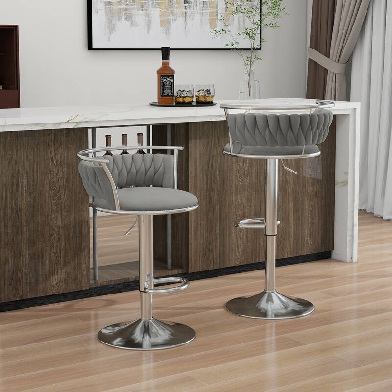 2 Set Velvet Swivel Adjustable Bar Stools with Footrest - Set of 2 - Grey Silver 2Set