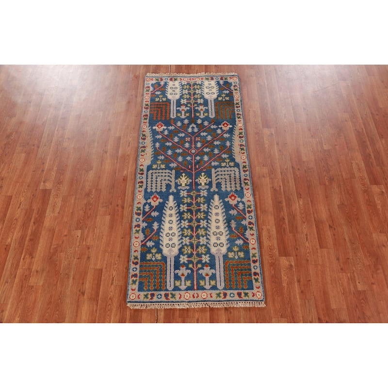 Hand Knotted Oriental 100% Wool Carpet Transitional Geometric Navy Blue & Blues Oushak Area Rug - 6' 0'' X 2' 7''