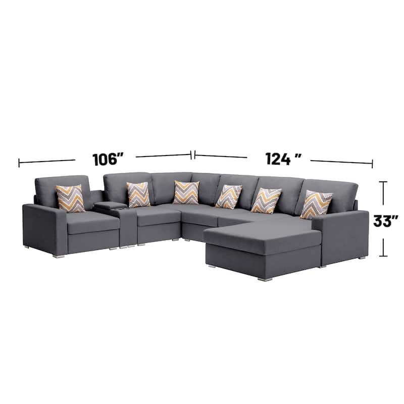 Linen Fabric 7 Piece U-Shaped Reversible Chaise Sectional Sofa with Storage Console Table and 6 Pillows