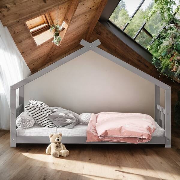 slide 2 of 9, Twin Size Playhouse Design House Bed Wood Bed,Solid Construction For Bedroom Grey