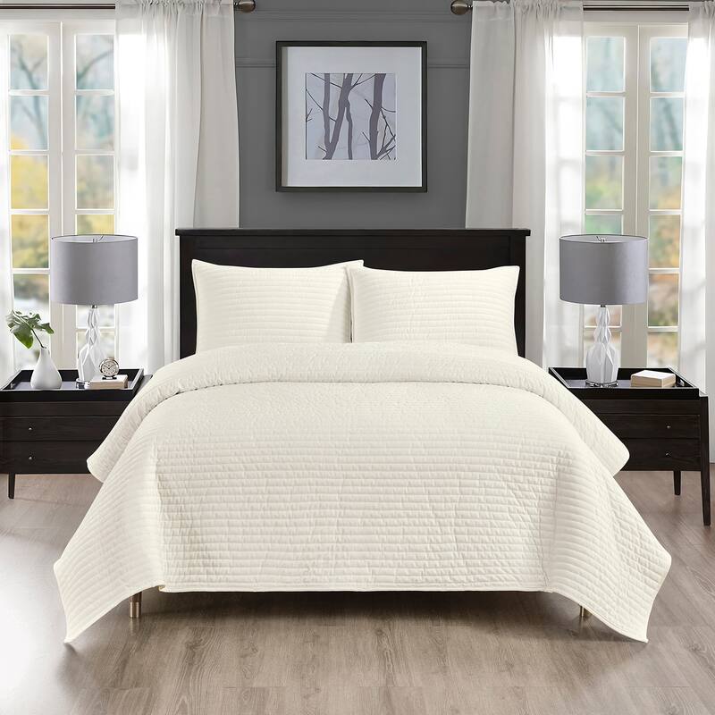 Pointehaven Heavy-Weight Oversized Channel Design Velvet Quilt Sets - Ivory - Twin - Twin XL