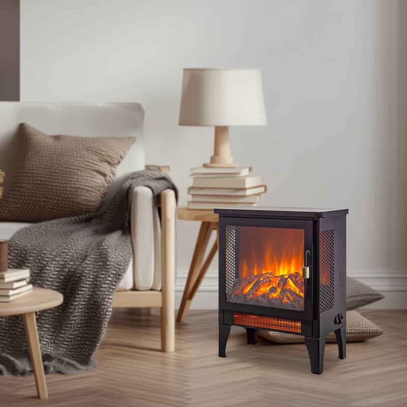 17 Inch Freestanding Electric Fireplace Stove with Realistic 3D Flame Effect - Antique Black