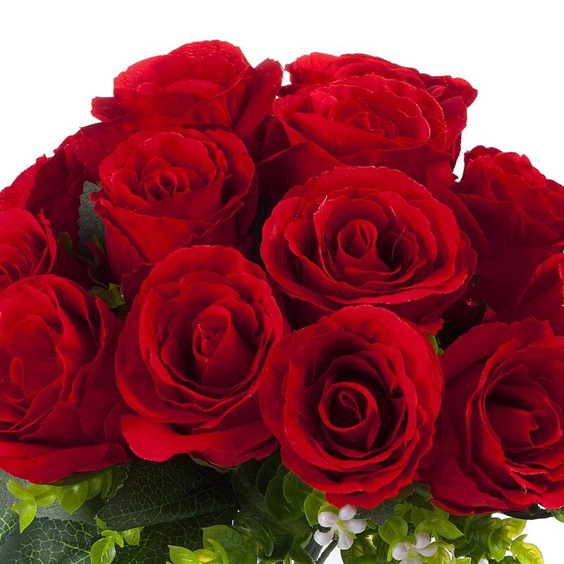 Enova Home Artificial Open Fake Silk Roses Flowers Arrangement in Clear Glass Vase with Faux Water for Home Wedding Decoration