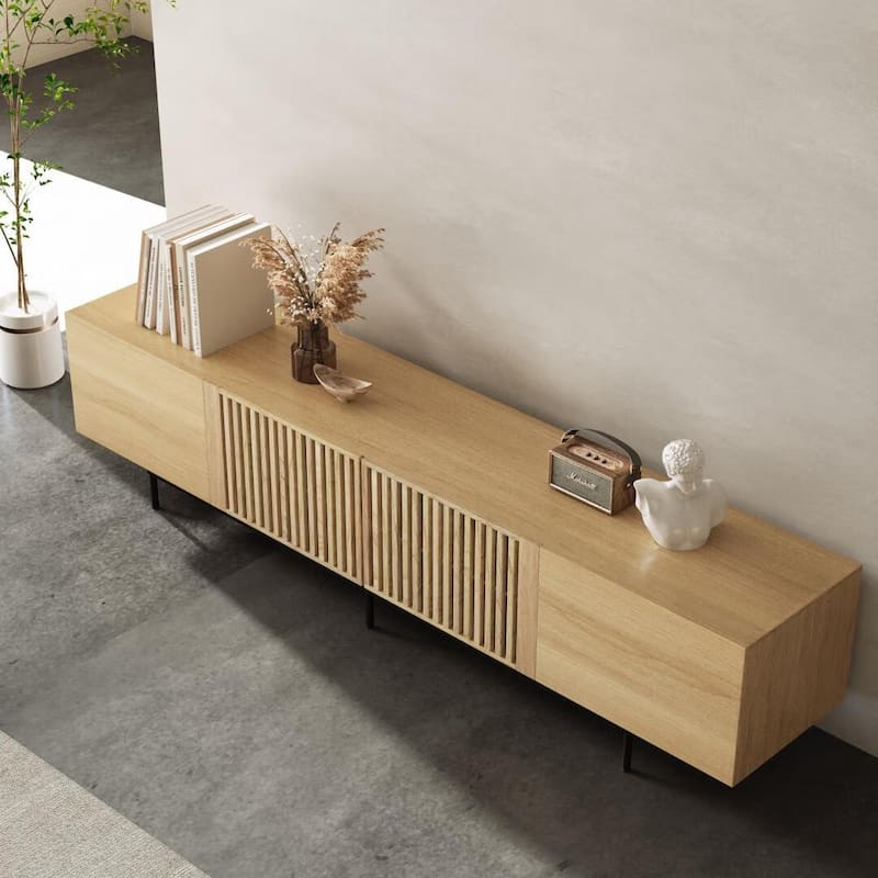 Stylish mid-century modern TV stand for up to 80" TVs. Ample storage for media devices, cable management. easy assembly.