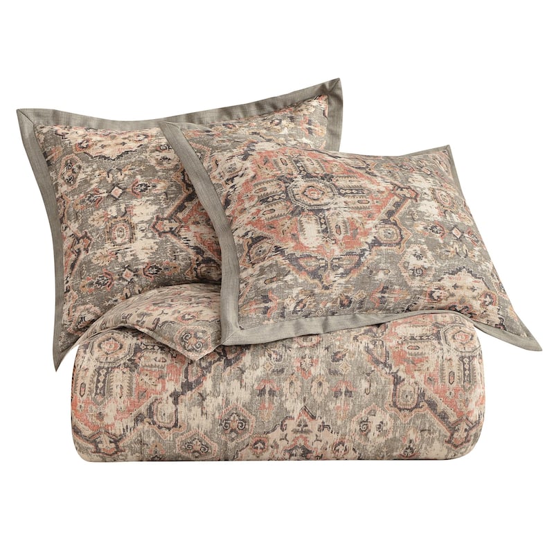 HiEnd Accents Carmen Taupe Linen Medallion Vintage Kilim Modern Rustic 3 Piece Comforter Set