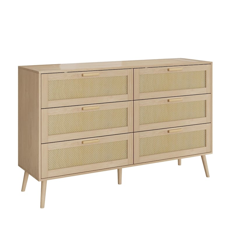 Anmytek Rattan Dresser 6 Drawer Mid Century Modern Light Wood Storage Cabinet Boho Bedroom