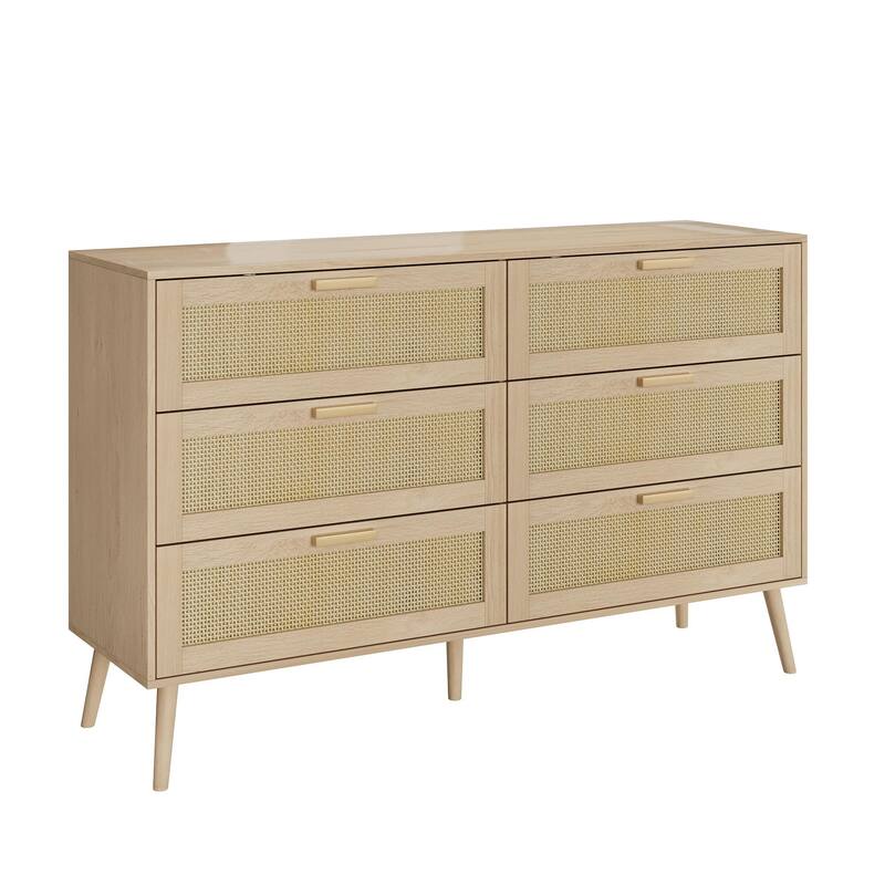 Modern Drawer Dresser Rattan Dresser with 6 Drawers Wide Wooden Handles, for Living Room Bedroom, Hallway