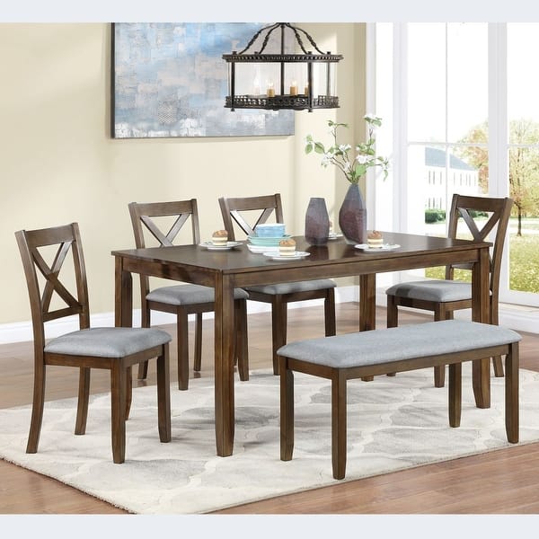slide 2 of 13, 6 Piece Kitchen Dining Set, Rectangular Wooden Dining Table with 4 Upholstered Chairs and a Bench Walnut