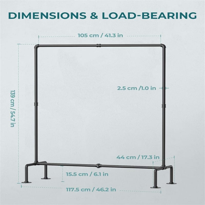 Industrial Pipe Clothing Rack Free Standing - 17.52"D x 46.34"W x 54.53"H