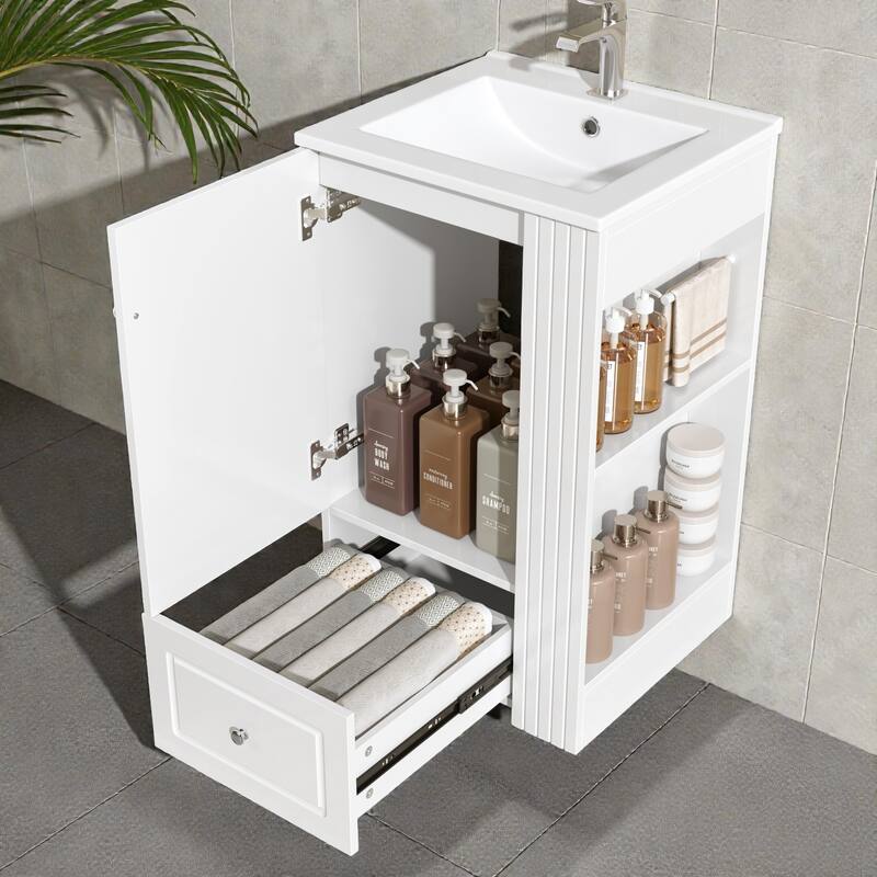 20" Small Bathroom Vanity with Ceramic Sink, Soft-Close Drawer, Open Shelves & Towel Bar, Modern MDF Freestanding Cabinet