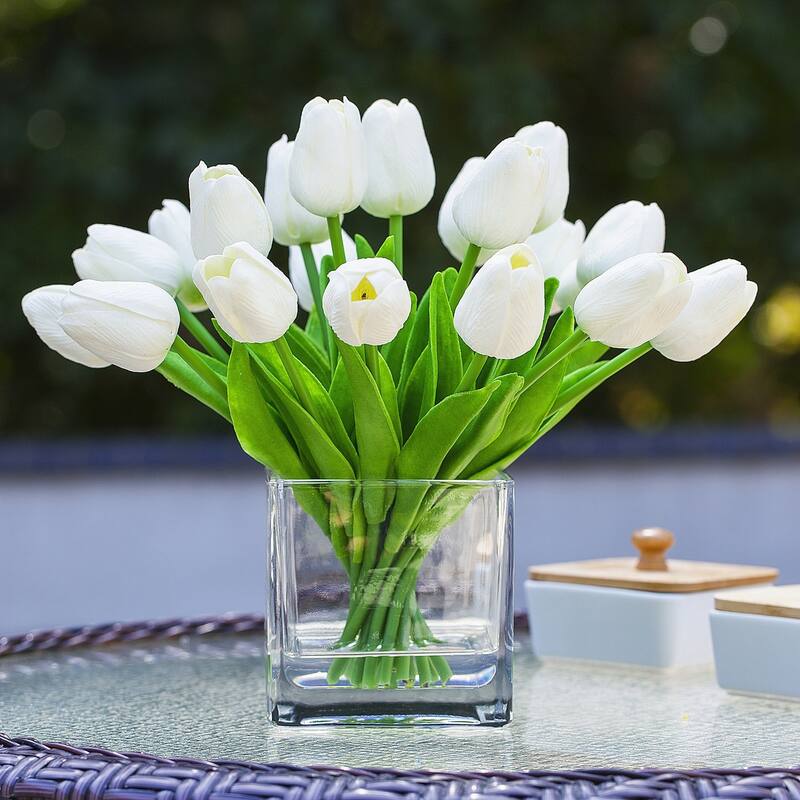 Enova Home 20 Pieces Artificial Real Touch Tulips Fake Silk Flowers Arrangement in Cube Glass Vase with Faux Water