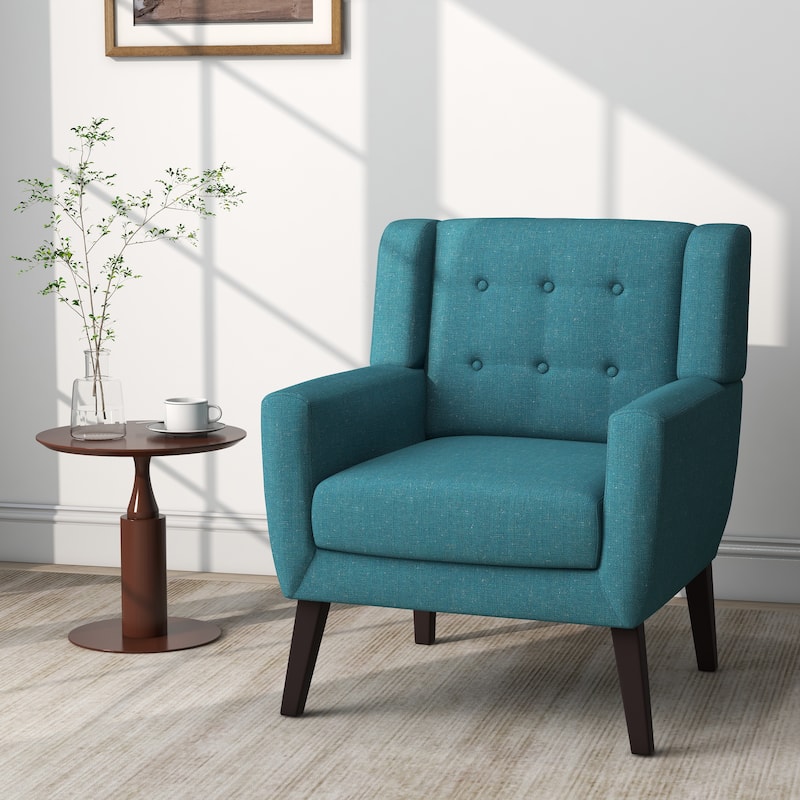 Modern Upholstered Faux Leather Tufted Armchair Linen Accent Chairs - 1-piece Chair - Light Blue/Linen
