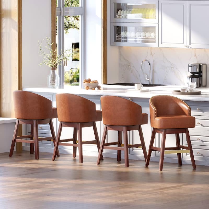 Counter Height Bar Stools Upholstered Solid Wood Swivel Barstool Set of 2/4 - Brown - Set of 4