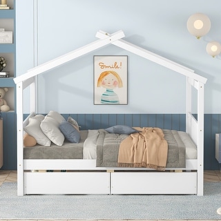 Full Size Solid Pine Wood House Bed with 2 Drawers, White