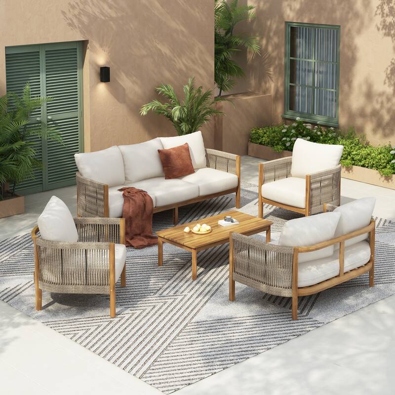Christopher Knight Home - Everly 5-Piece Acacia Wood & Woven Rope Outdoor Furniture Set - Teak + Beige