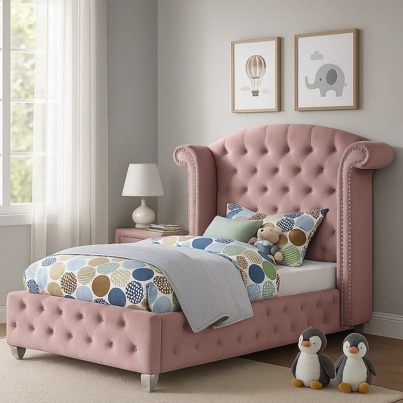 Zoha Twin Size Bed w Wingback Tufted Headboard, Cabriole Legs, Pink