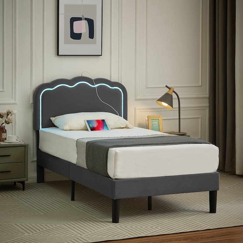 VECELO Upholstered Platform Kids Bed Frame with Headboard & LED Lights,Twin Size Bed Set of 2