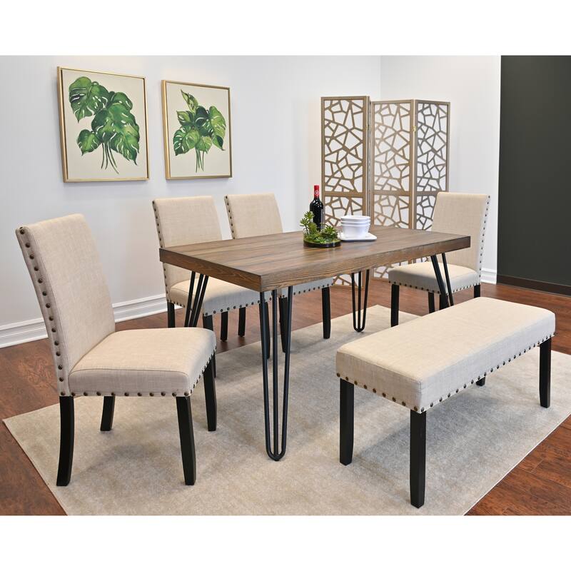 6-Piece Dining Set with Hairpin Rectangular Table and Upholstered Dining Chairs, Rustic Padded Seat Bench