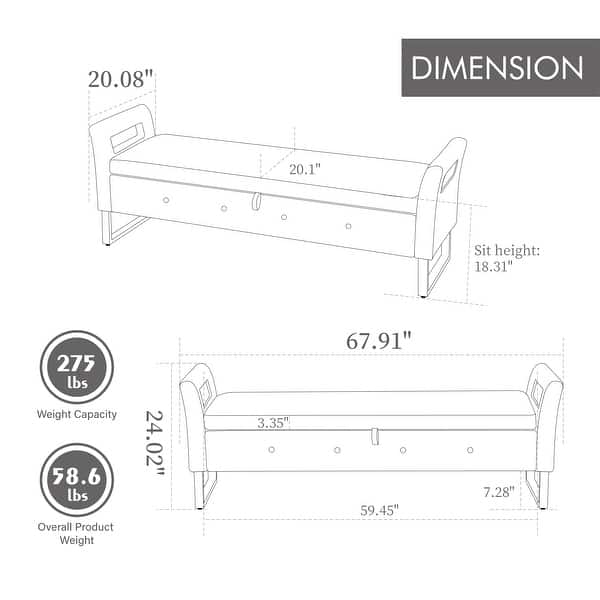 67.9"W Oversized Storage Bench,Upholstered Bedroom Bench with Armrest