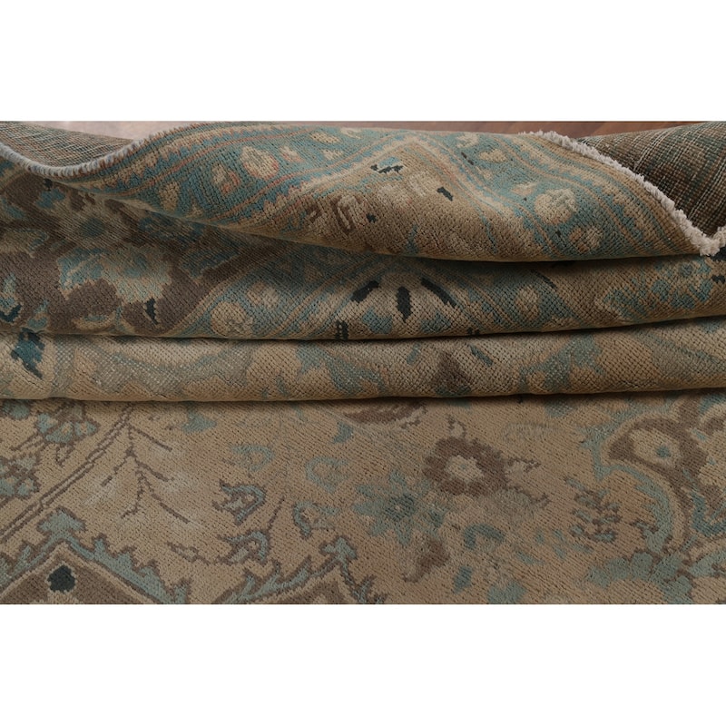 Distressed Tabriz Vintage Persian Rug Hand-Knotted Peach Wool Carpet - 9'11" x 13'3"