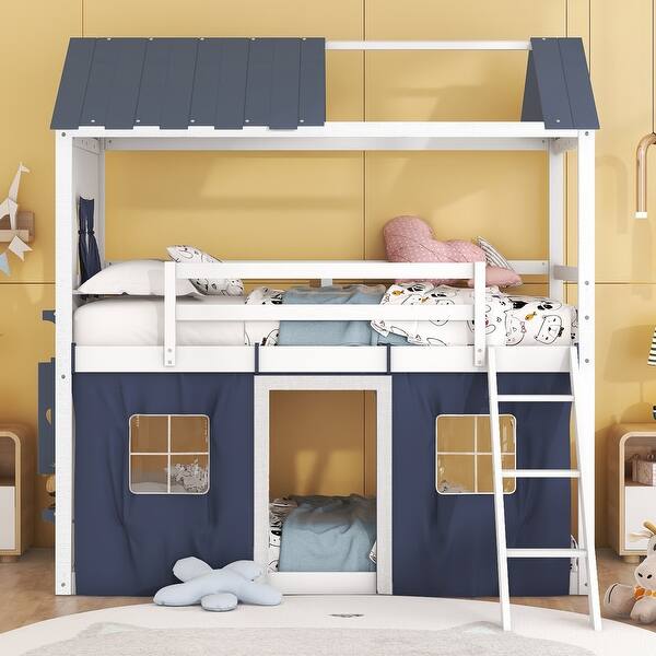slide 2 of 51, Wood House Bunk Bed with Elegant Windows, Sills and Tent White+Blue - Twin
