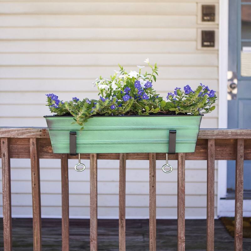 Achla Designs 22" W Rectangle Galvanized Steel Flower Box w/ Black Wrought Iron Clamp-On Brackets, Planter