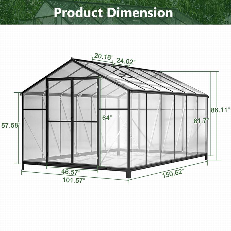 8' x 12' Outdoor Greenhouse, Heavy Duty Polycarbonate Greenhouse, Large Walk-in Greenhouse with Double Doors