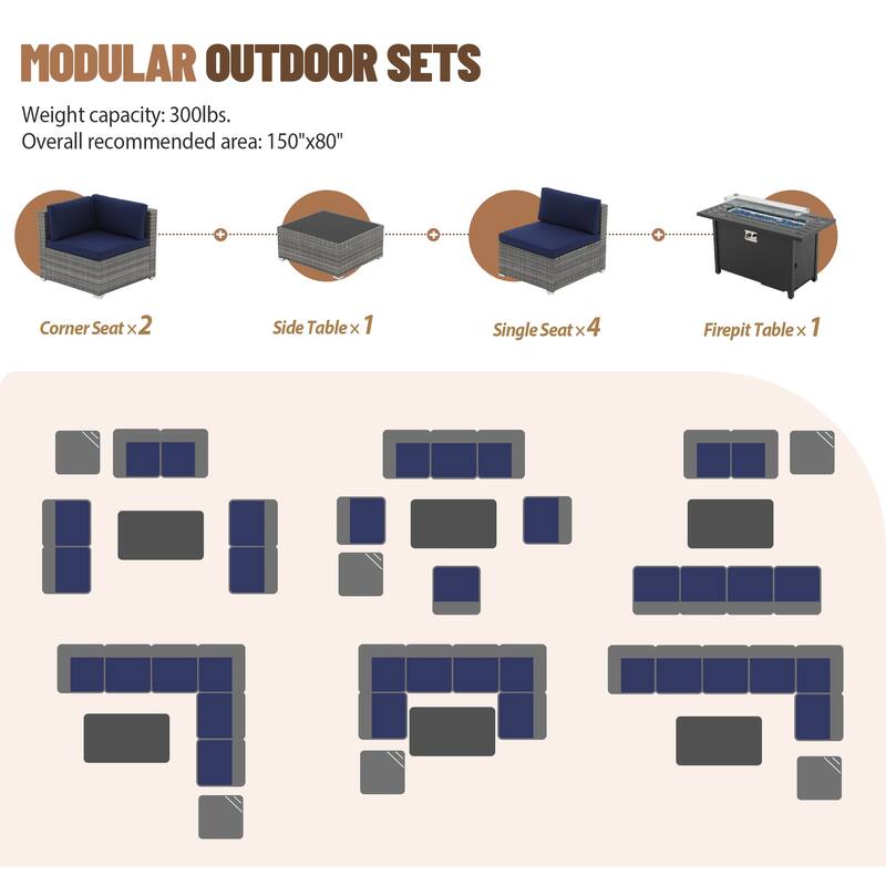 Outdoor Wicker Sectional Sofa 8-Piece Set with Fire Pit Table