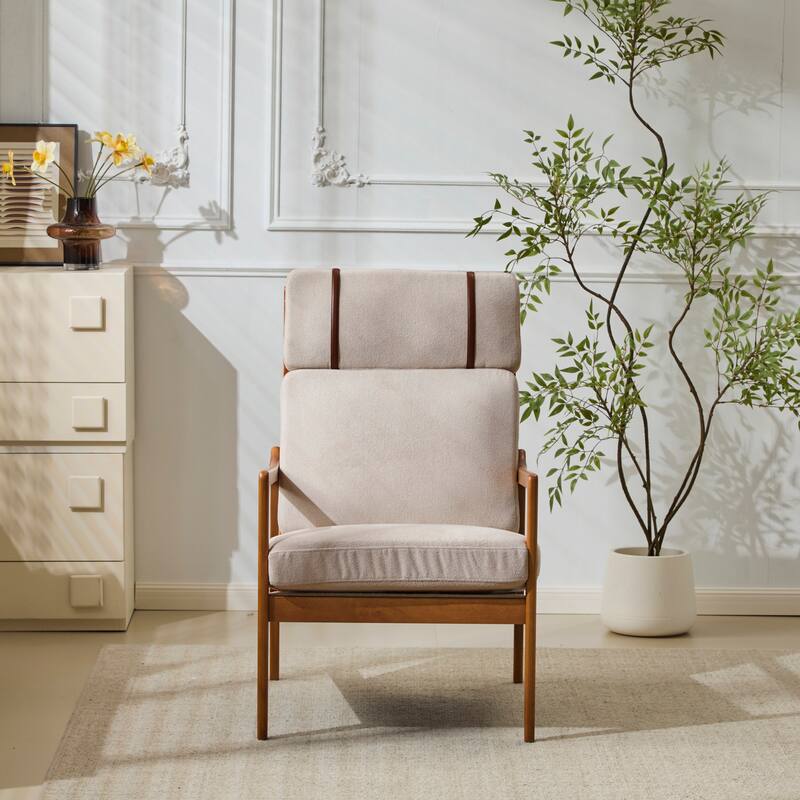Mid Century Modern Accent Armchair, Solid Wood Frame with High Back, Beige Upholstered Cushions, Ergonomic Lounge Chair
